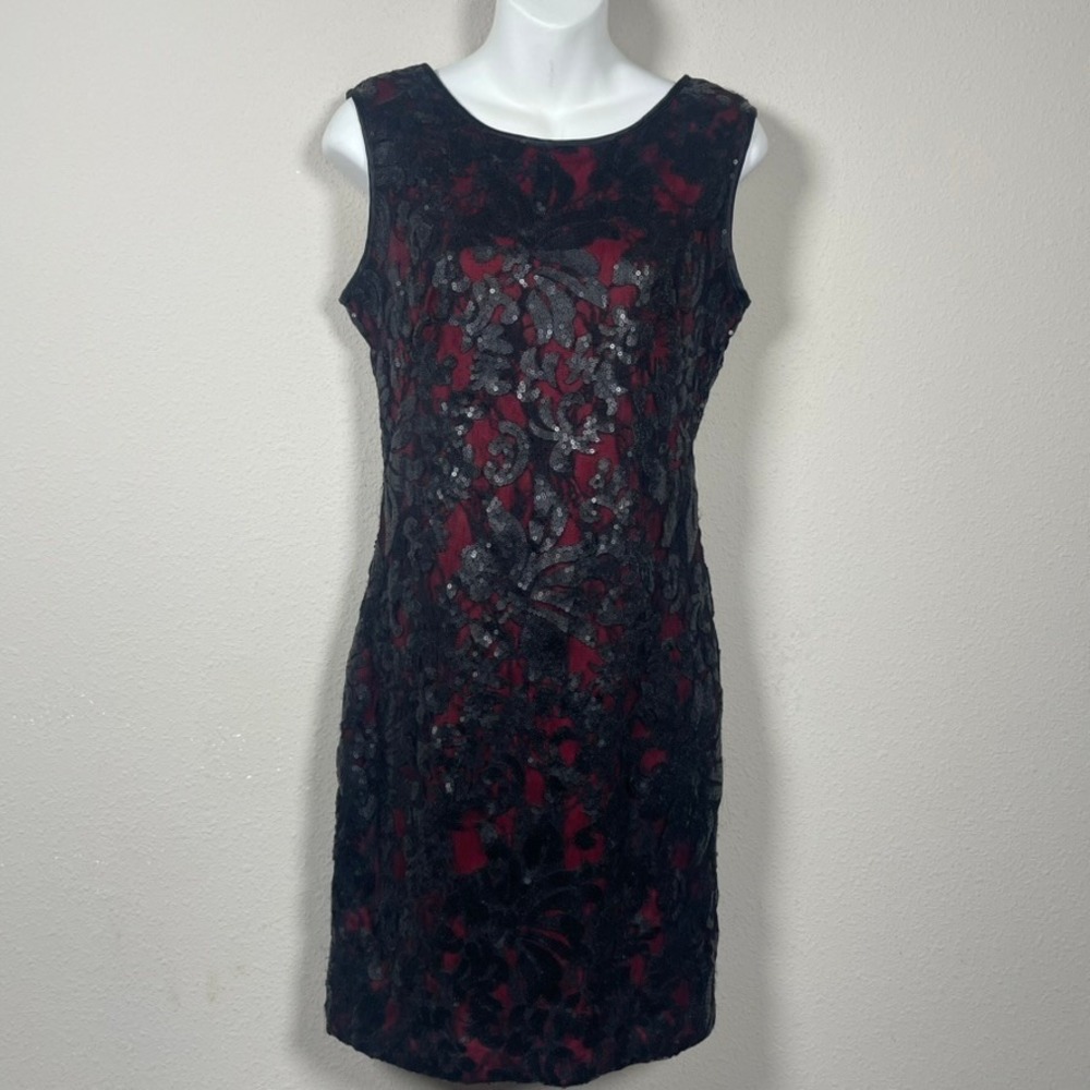 Cache Sequin Lace Sheath Dress 4 Red Black Sleeveless V-Back Cocktail Whimsigoth